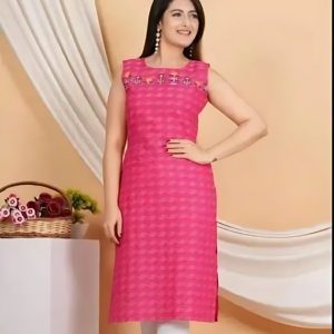 Women's Sleeveless Cotton Kurta, Pink Floral Embroidered